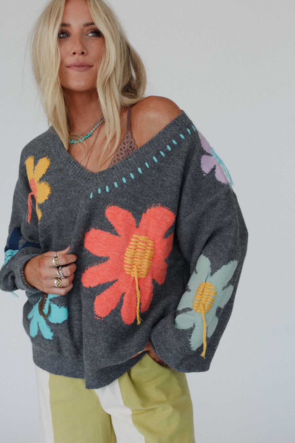 Good Mood Flower Print Sweater - Charcoal - Pre Order