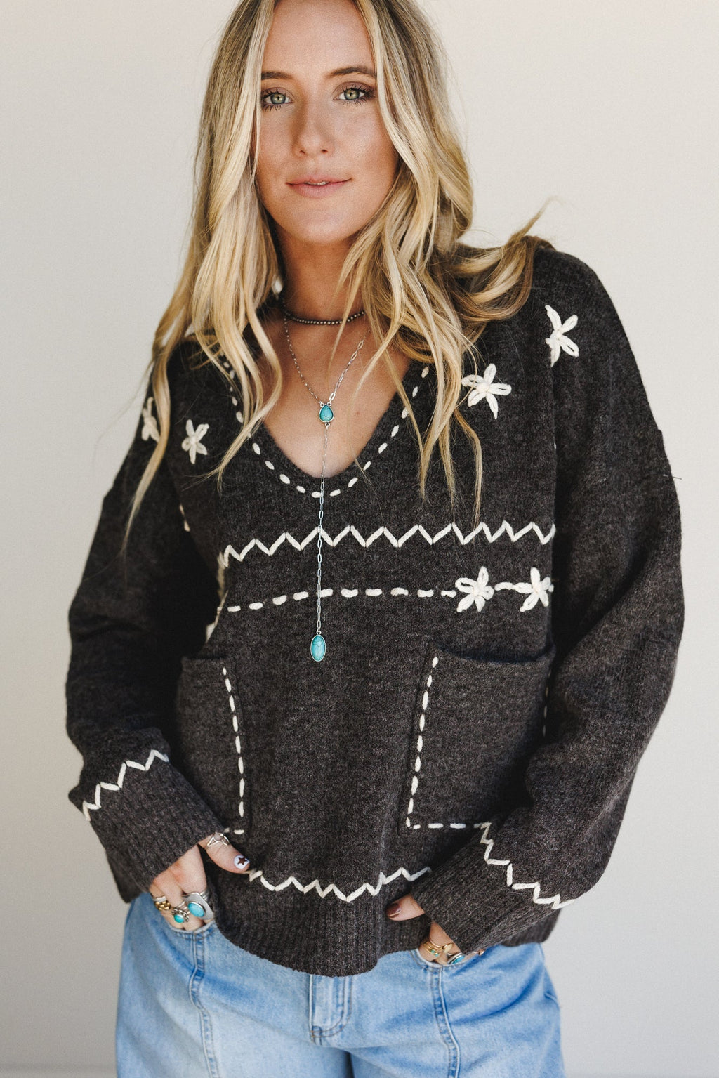 Chai Embroidered Knit Sweater - Charcoal - Pre Order