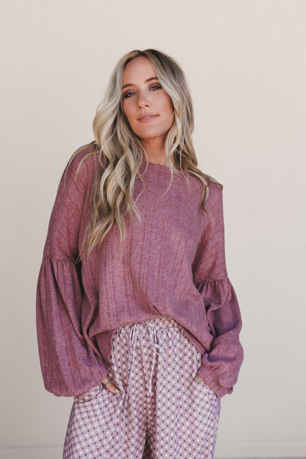 The Nest Sweet Heart Balloon Sleeve Knit Sweater - Mulberry
