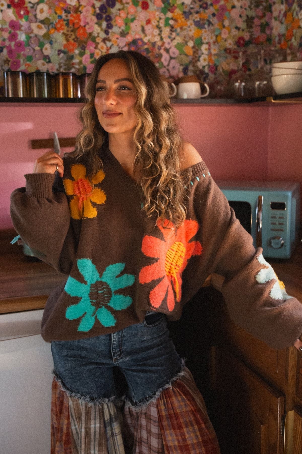 Good Mood Flower Print Sweater - Chocolate - Pre Order
