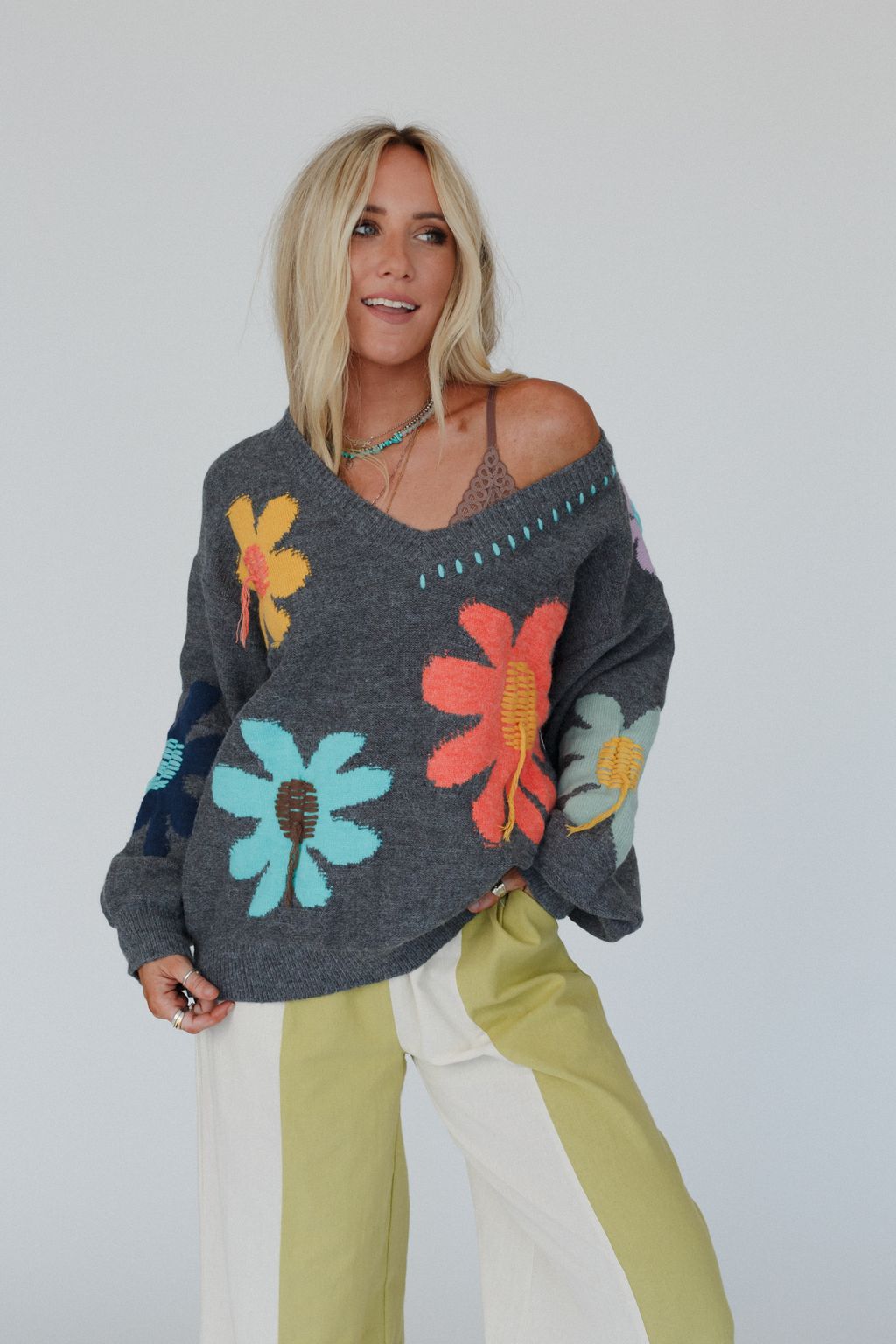 Good Mood Flower Print Sweater - Charcoal - Pre Order