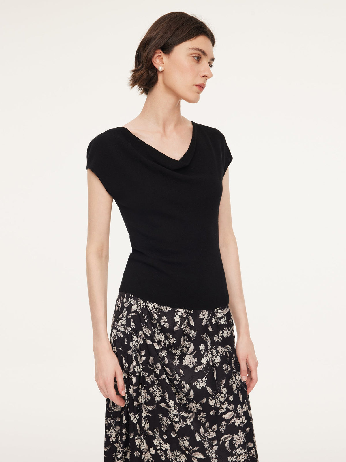 Tencel Mulberry Silk Cowl Neck Women Cap Sleeve Knit Top