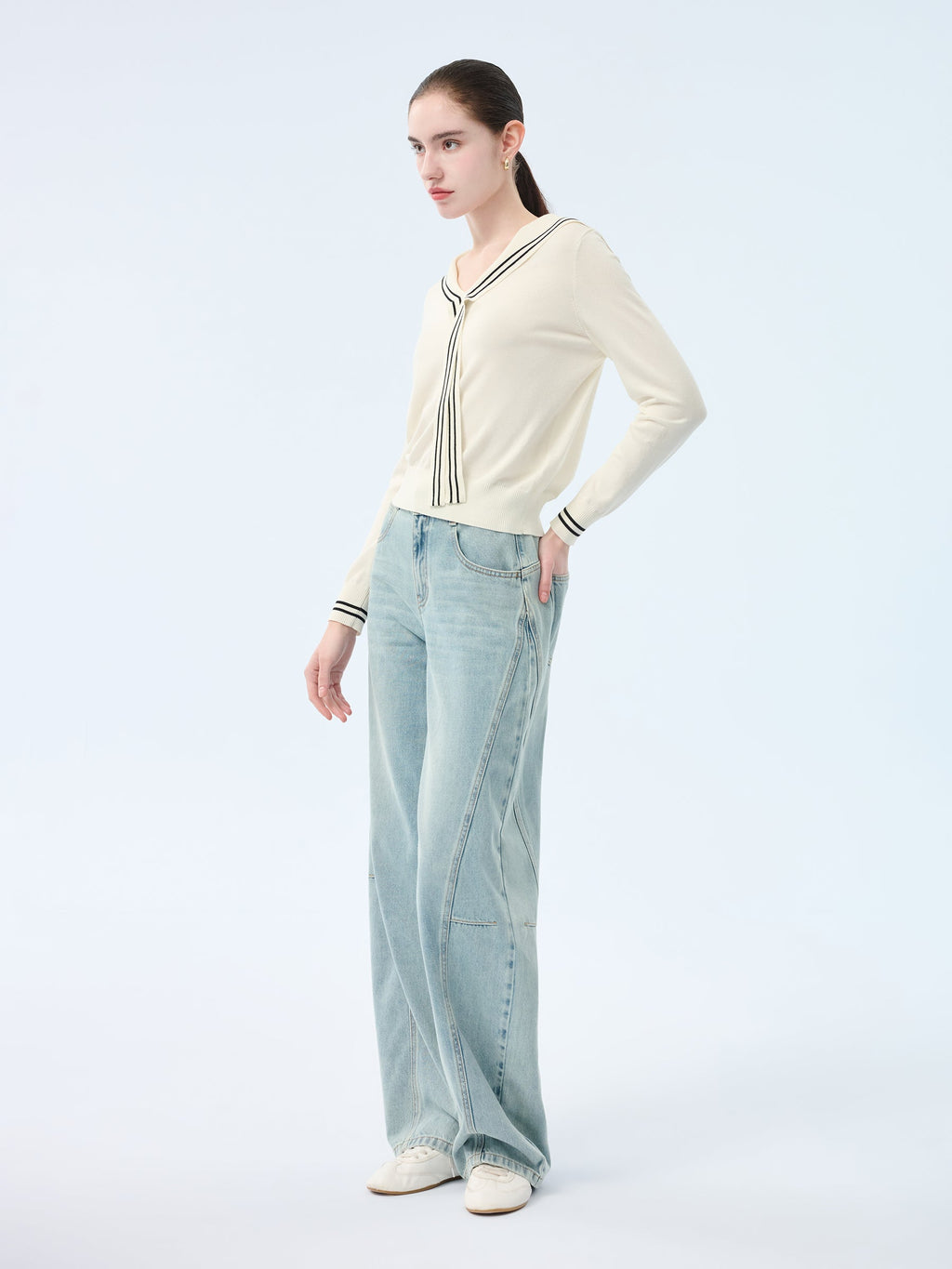 Tencel Blend Sailor Collar Women Knit Top