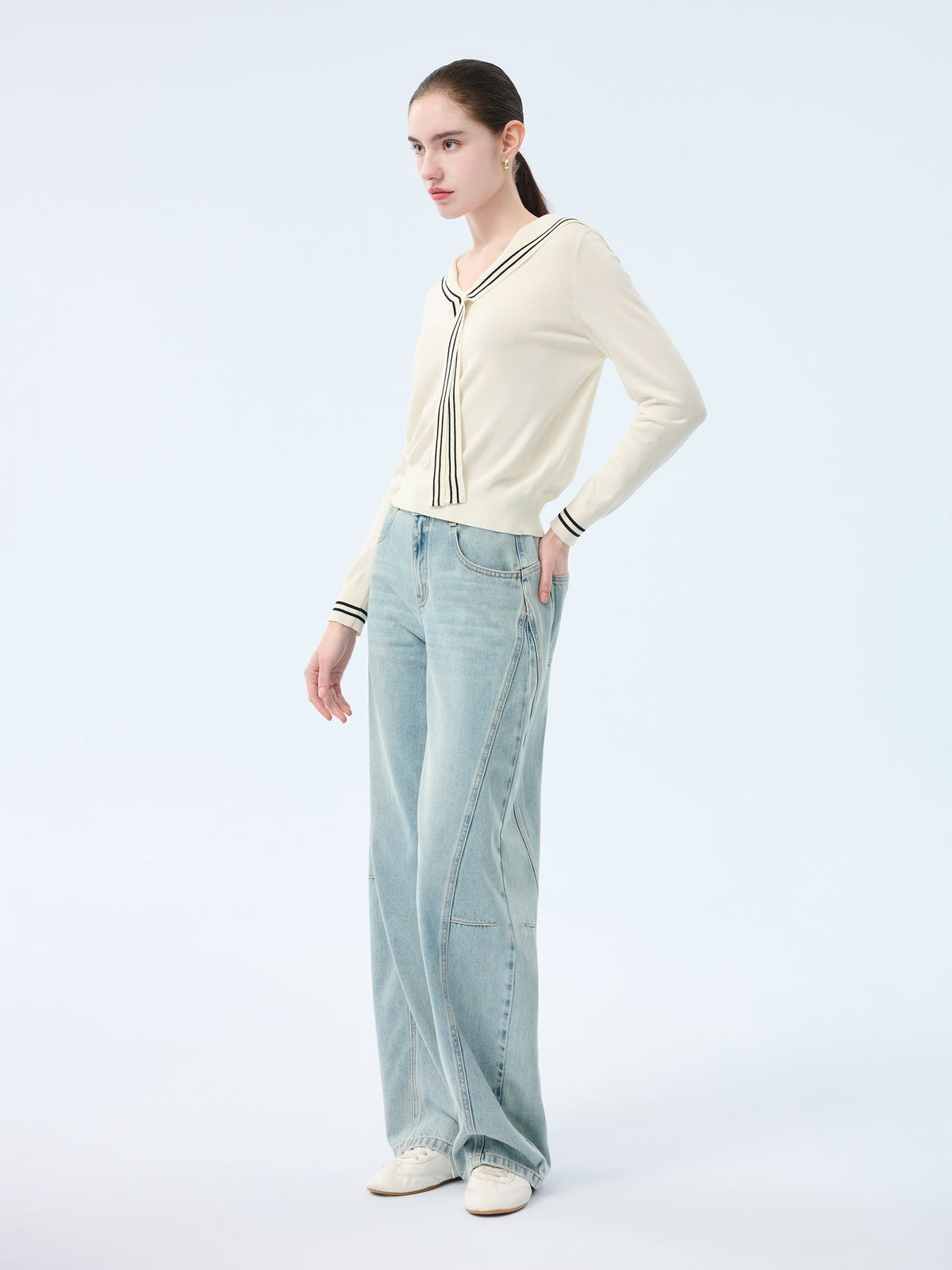Tencel Blend Sailor Collar Women Knit Top