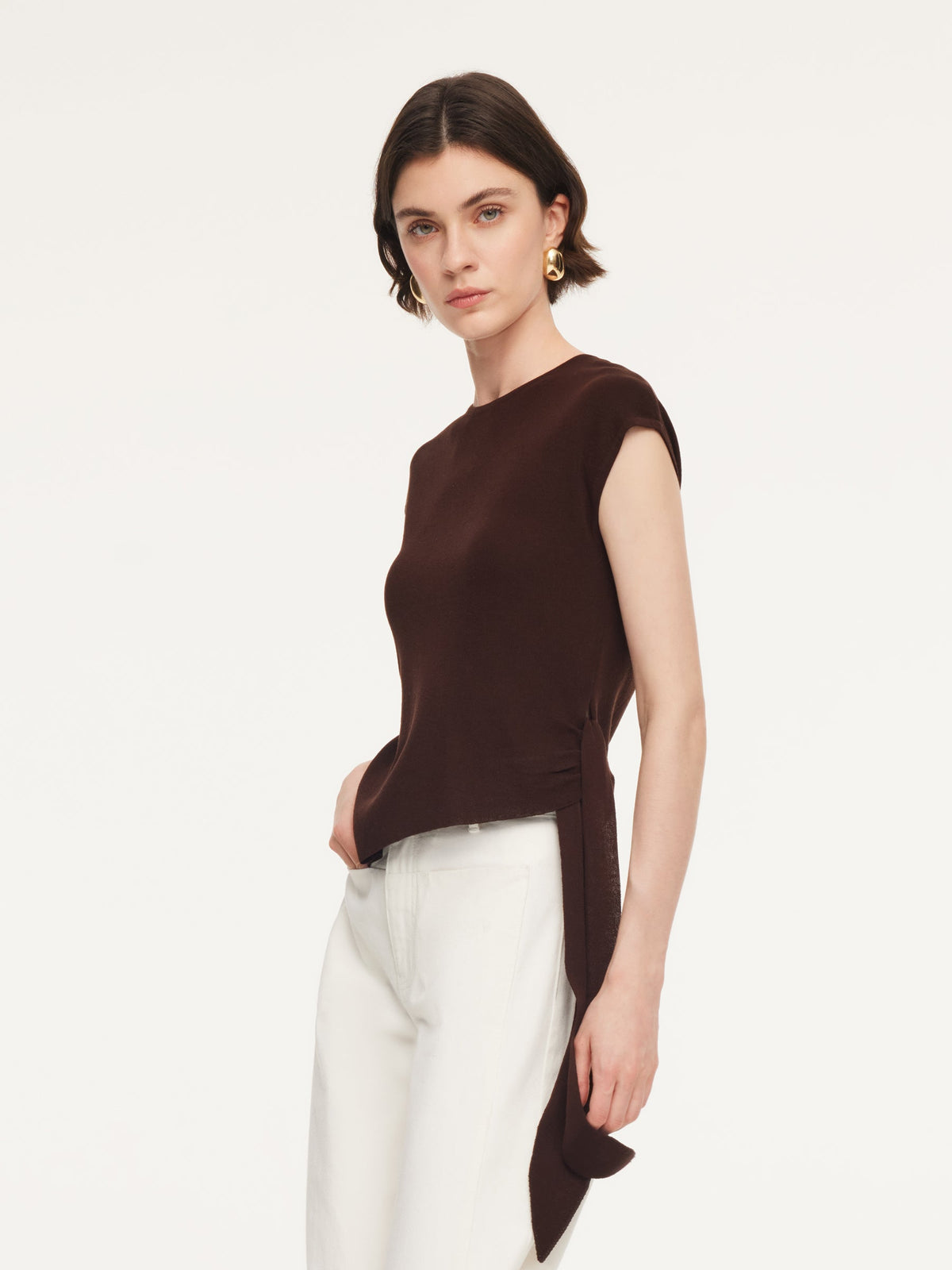 Tencel Blend Asymmetrical Hem Women Knit Top With Ribbon