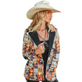 Lucky & Blessed Women's Western Collage Printed Ivory Piping Button Blazer