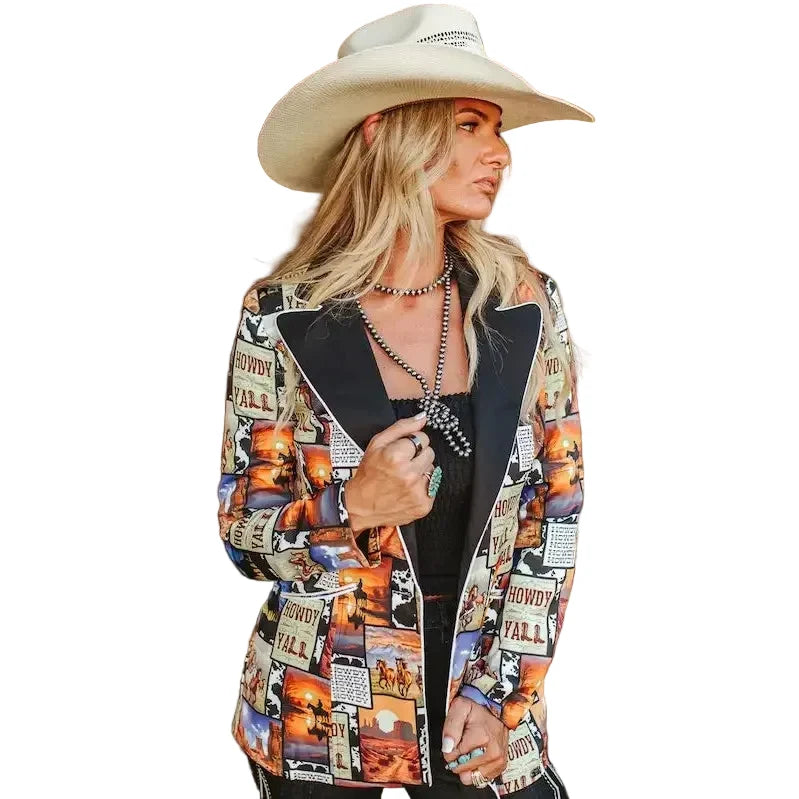 Lucky & Blessed Women's Western Collage Printed Ivory Piping Button Blazer