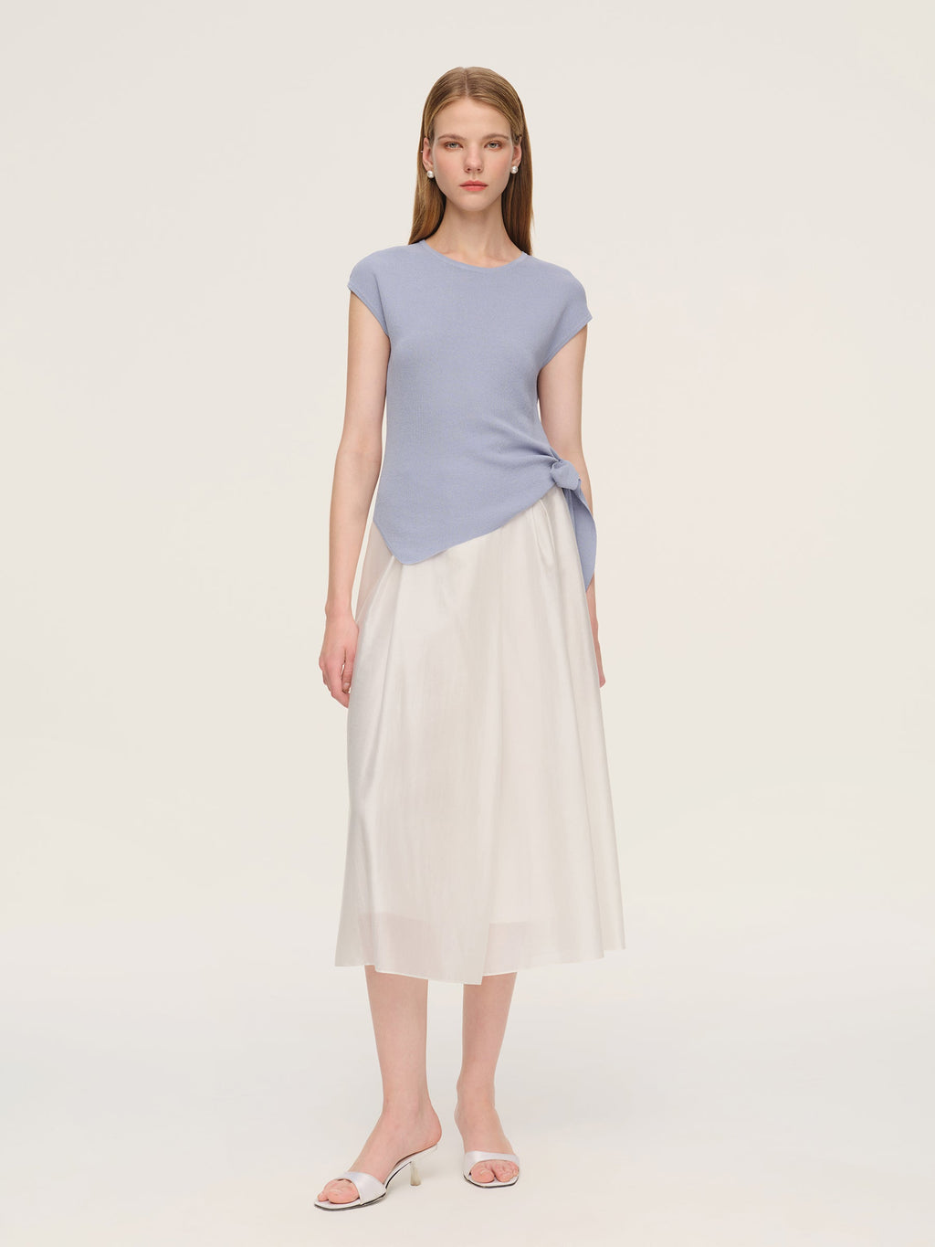 Tencel Blend Asymmetrical Hem Women Knit Top With Ribbon