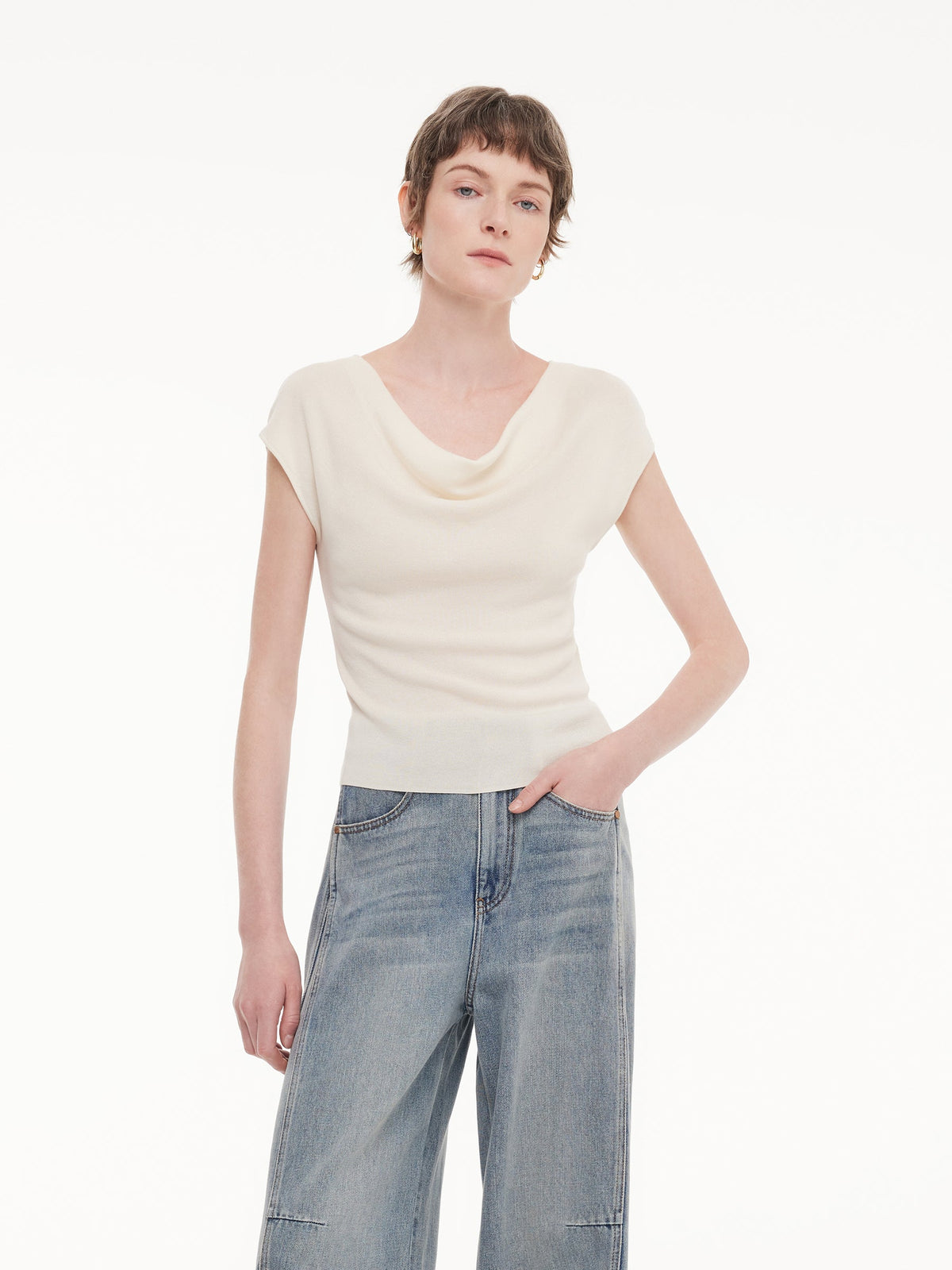 Tencel Mulberry Silk Cowl Neck Women Cap Sleeve Knit Top