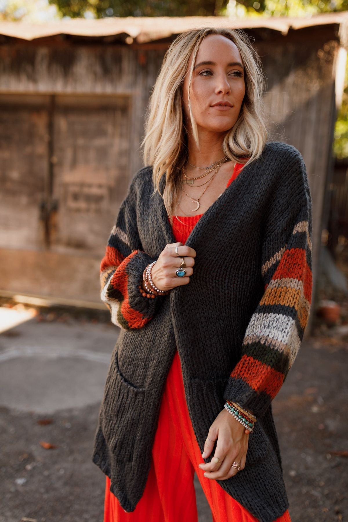Danny Striped Sleeve Cardigan - Charcoal - Pre Order