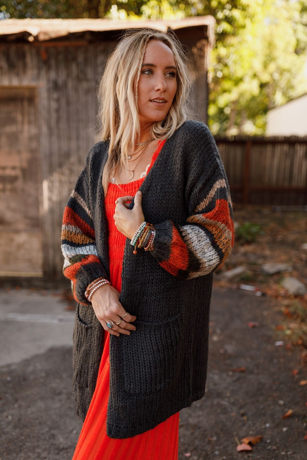 Danny Striped Sleeve Cardigan - Charcoal