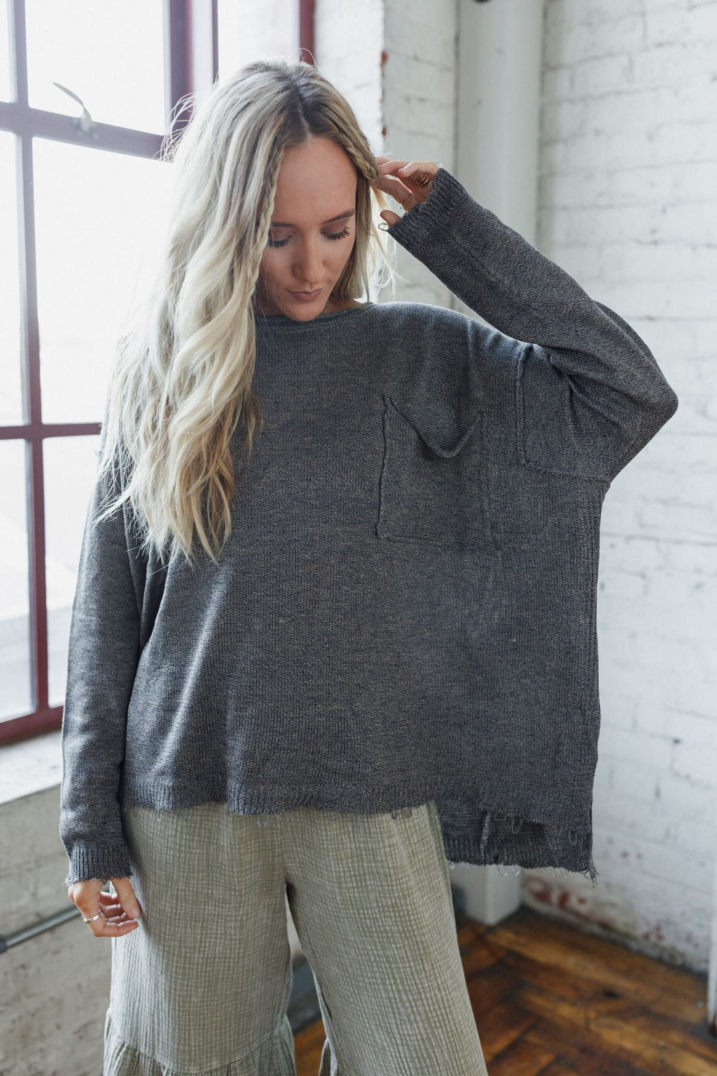 Monday Strolls Frayed Sweater - Charcoal - Pre Order